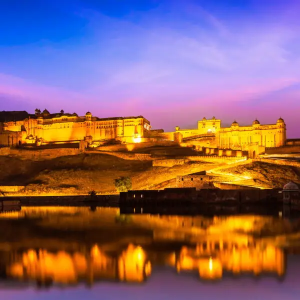 Amer Fort at night in twilight. Jaipur, Rajastan