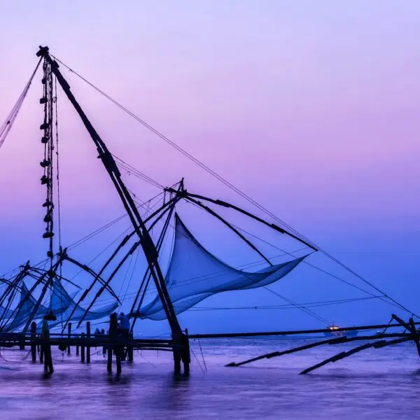Chinese fishnets on sunset. Kochi, Kerala, India