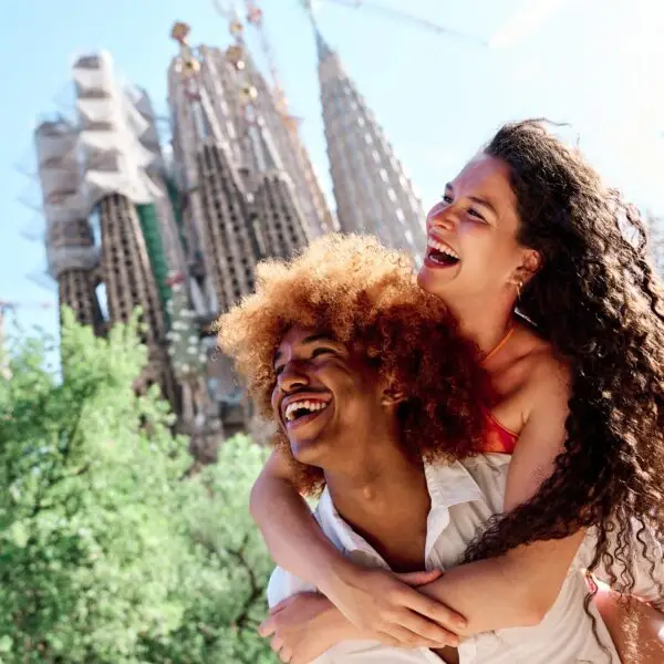 couple of tourists in love in Barcelona, Spain, during summer holidays