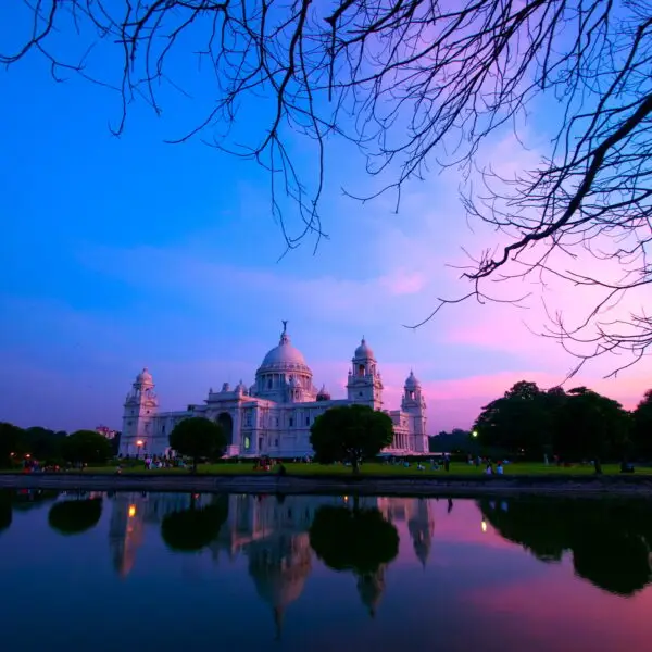 Historic Victoria Memorial architectural monument and museum at sunset. Kolkata, India.