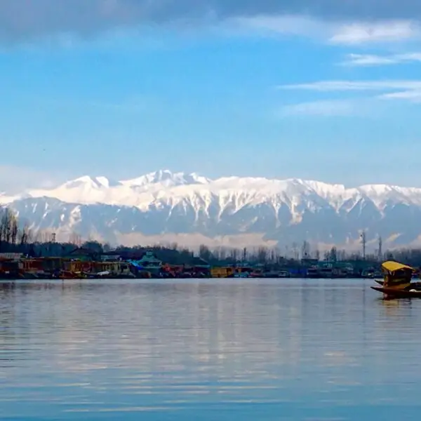 Landscape view of river and mountain range in Kashmir
