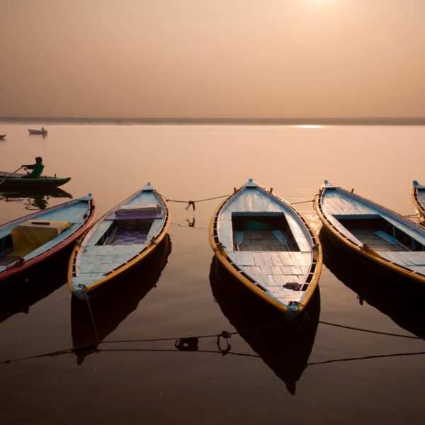 The sacred Ganges River at dawn, in Varanasi, India