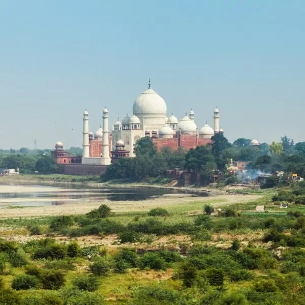 The view of Taj Mahal and Yamuna river from Agra Fort, Agra, India.