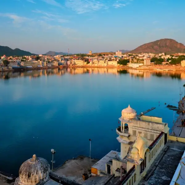 View of famous indian sacred city Pushkar with Pushkar ghats. Rajasthan, India