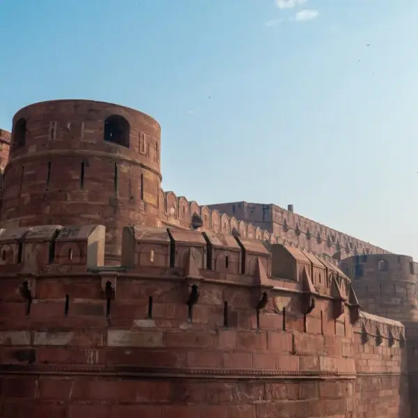 View of the historic Red Fort in the Old Delhi neighbourhood of Delhi, India