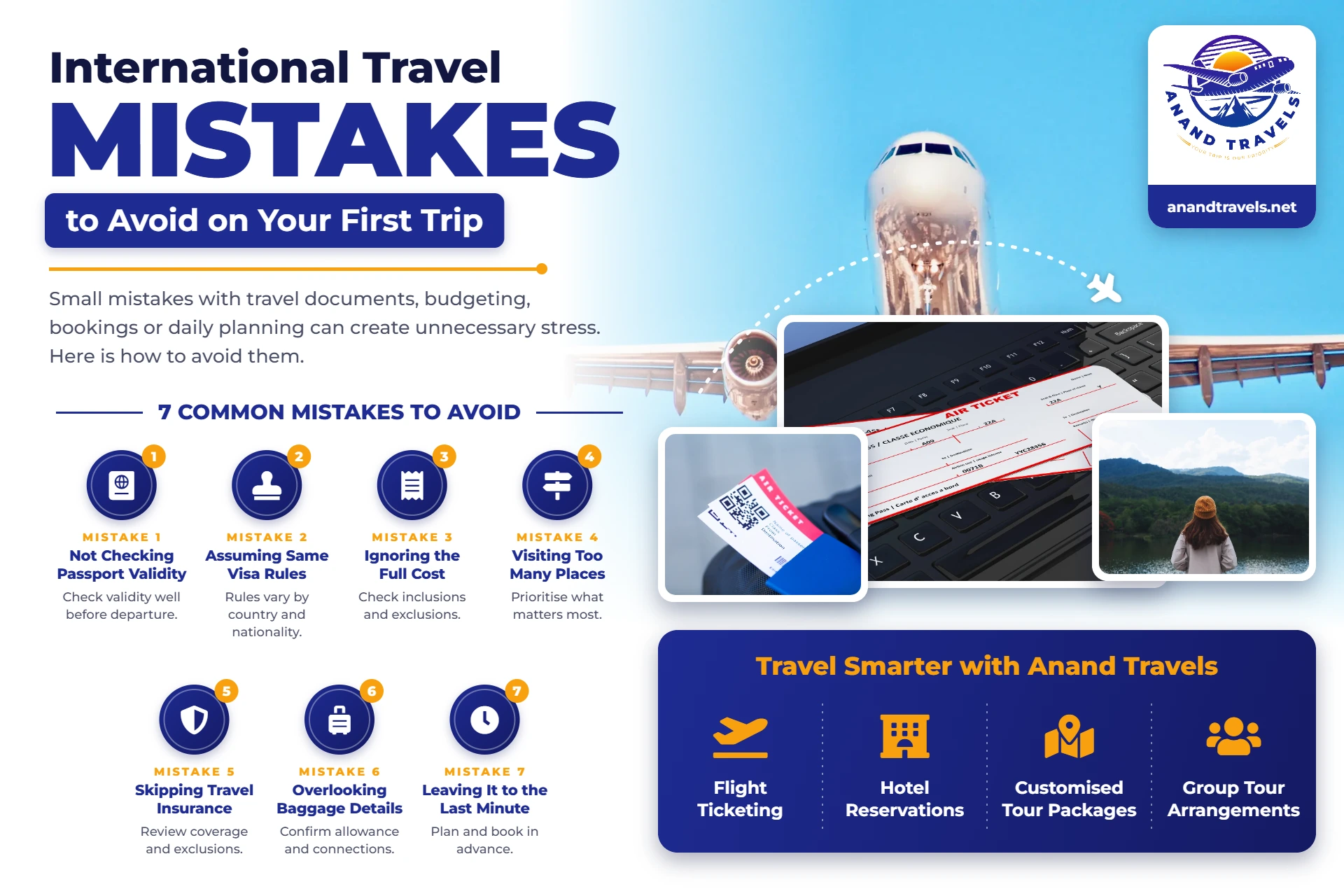 International Travel Mistakes to Avoid on Your First Trip: 7 common mistakes infographic by Anand Travels